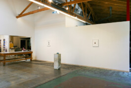 A photograph of the interior gallery space of The BAG Los Angeles. Installed on the far wall are two white frames with two Polaroid photographs by artist Jeanetta Rich. In the center of the gallery floor is a plinth that has been significantly damaged. Ezequiel Olvera