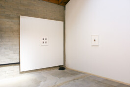 A photograph of the interior gallery space of The BAG Los Angeles. Installed on the far wall are two white frames with two Polaroid photographs by artist Jeanetta Rich. The camera is directed at the corner of the gallery with two frames installed on opposite walls. Light comes through an opening in the ceiling. One of the wall works features four Polaroids by Jeanetta Rich. Ezequiel Olvera