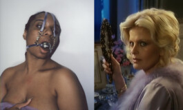 An exhibition preview accompanying the announcement of Jeanetta Rich's exhibition at Bestor Architecture. The image is composed of two portraits. On the right is the artist with no shirt wearing a gag and looking to the right off camera. Jeanetta holds a piece of fabric to her chest. The image on the right is of a blonde woman wearing a puffy lavender night gown. She holds a mirror in her hand as she looks to the left toward Jeanetta. The two images and their subjects look at each other indicating some themes that the exhibition will be about. Ezequiel Olvera