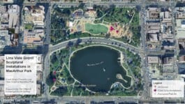 Map of MacArthur Park indicating where Lina Gronli's Sculptures will be. Ezequiel Olvera